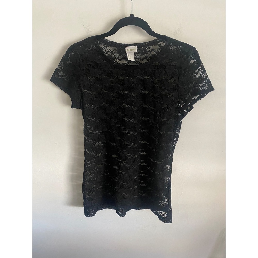 HM Conscious Collection Black Lace Sheer Short Sleeve T Shirt Top Women's Medium
